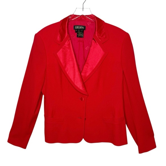 Escada Vintage Cherry Red Wool 2 Piece Women’s Suit Blazer Skirt Set EU Sz 44 - Picture 1 of 11
